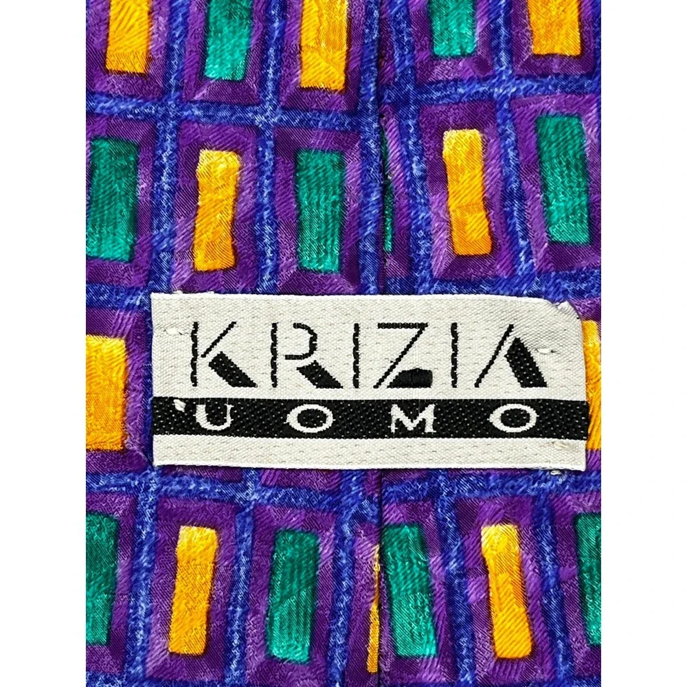 KRIZIA UOMO Silk Tie Mens Purple Colorful Geometric Pattern 100% Silk‎ USA